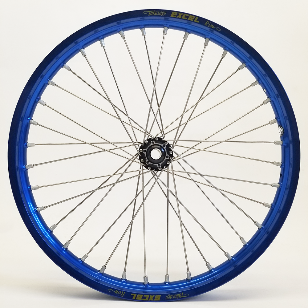 Woody's custom wheel with blue Excel rim and black hub