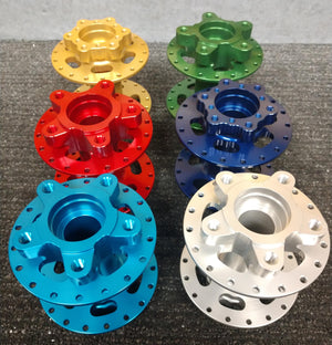 Woody's billet hub color samples (gold, green, red, blue, light blue, and silver are shown)