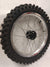 Woody's custom rear wheel for Sur Ron e-bike w/ silver rim and black hub, w/ knobby tire mounted