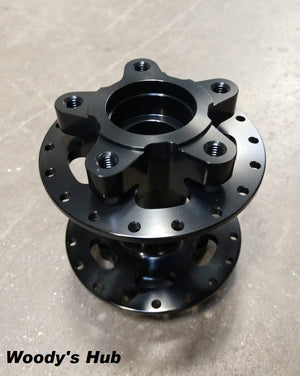 Close up of Woody's custom billet hub in black