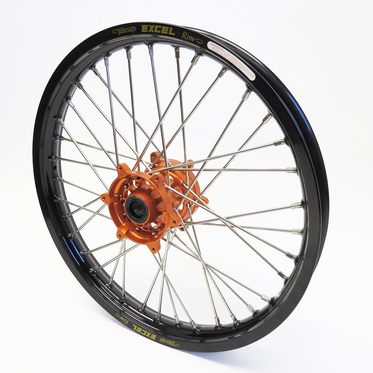 KTM front wheel built by Woody's with black rim and orange billet hub.